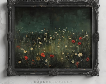Vintage Dark Floral Printable Art, Moody Botanical Flower Painting Print, Farmhouse Wall Art, Dark Academia Aesthetics Digital Download
