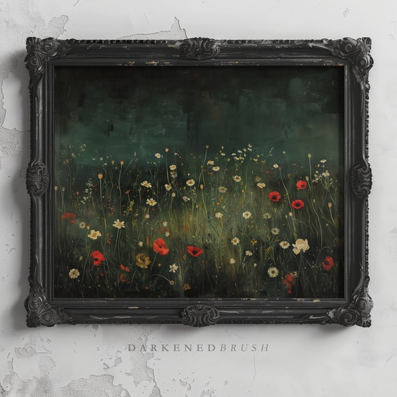 Vintage Dark Floral Printable Art, Moody Botanical Flower Painting Print, Farmhouse Wall Art, Dark Academia Aesthetics Digital Download