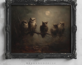 Owls Perched on Branch in Moonlight Gothic Animal Bird Wall Art Haunted Fall Autumn Decor Dark Cottagecore Academia Printable Aesthetic 122