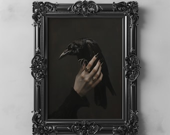 Raven in Hand Art Printable Painting, Dark Academia Gothic Art Print, Occult Witchy Decor Moody Wall Art, Dark Cottagecore Halloween Art