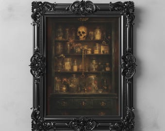 Gotisk apotekare väggkonsttryck, Dark Academia skalle dekor, Witchcore skåpkonst, utskrivbar vintage herbarium häxkonst kuriositeter väggkonst