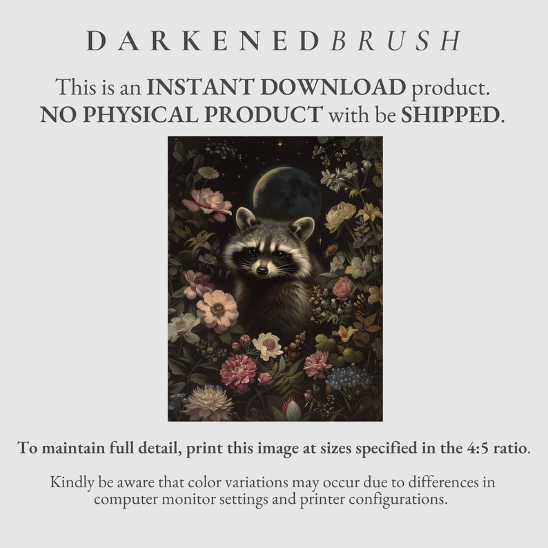 May include: A digital illustration of a raccoon surrounded by flowers and a crescent moon in the background. The raccoon has a dark gray and black coat and is looking directly at the viewer. The flowers are in shades of pink, white, and yellow.