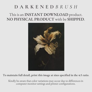 May include: A close-up of a white lily flower with brown spots on the petals. The flower is against a dark background. The image is titled "Darkened Brush".