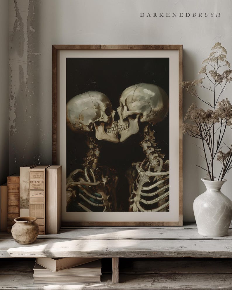 Arte imprimible para amantes de los esqueletos góticos, arte de pared de calavera romántica de estilo cottagecore oscuro, póster de amor gótico imprimible de Dark Academia, decoración artística de Halloween imagen 5