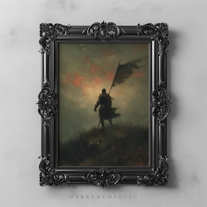 May include: A framed artwork featuring a warrior figure on a hilltop, holding a flag against a dramatic sky. The painting is set in a black ornate frame. The artwork has a dark, moody color palette with red and green hues.