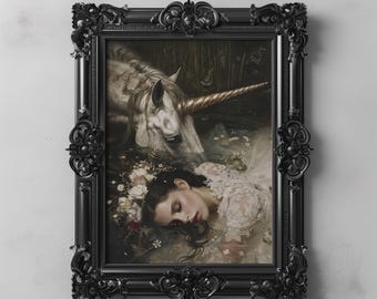 Unicorn Art Printable Sleeping Woman Dark Cottagecore, Vintage Fairytale Gothic Romance Fantasy Art, Victorian Aesthetic Dark Academia Decor