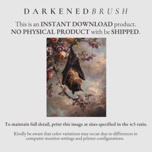 May include: A digital illustration of a brown bat hanging upside down from a branch of a flowering tree. The bat is in a dark, almost black, colour, and the tree is in shades of pink and white. The background is a soft, hazy blue.