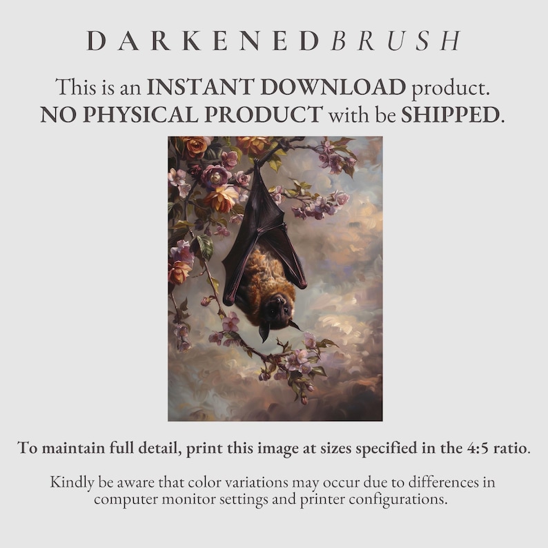 May include: A digital illustration of a brown bat hanging upside down from a branch of a flowering tree. The bat is in a dark, almost black, colour, and the tree is in shades of pink and white. The background is a soft, hazy blue.