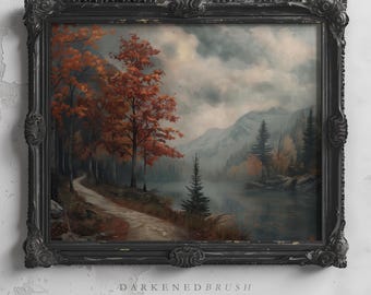 Herbstblätter am See Kunst druckbare rustikale Landschaft Wandkunst dunkle Cottagecore Dekor, Herbst Natur druckbare Wald Wald Bauernhausdekor
