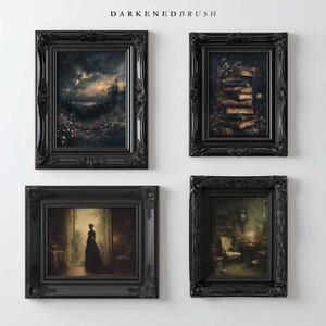May include: Four framed art prints with black ornate frames. The prints depict various scenes, including a landscape, a stack of books, a figure in a doorway, and a room interior. The text "DARKENEBRUSH" is at the top.