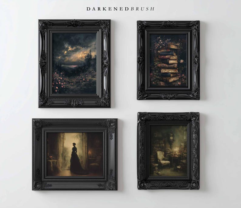 May include: Four framed art prints with black ornate frames. The prints depict various scenes, including a landscape, a stack of books, a figure in a doorway, and a room interior. The text "DARKENEBRUSH" is at the top.