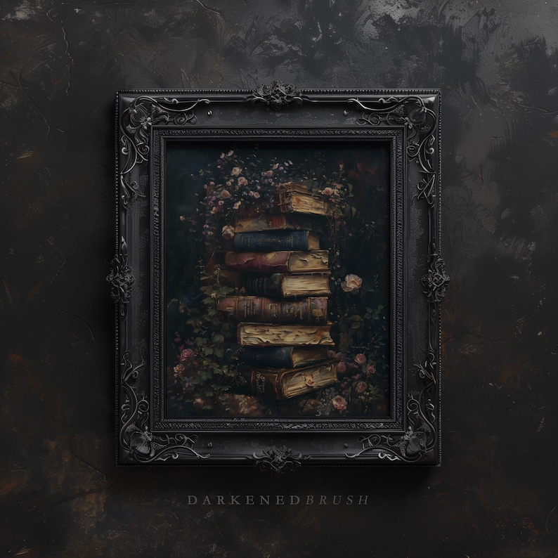 May include: A framed painting of a stack of old books surrounded by flowers and vines. The frame is black and ornate. The painting is titled "Darkened Brush".