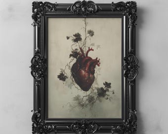 Arte mural de corazón anatómico, imprimible gótico floral oscuro, arte macabro romántico, decoración de corazón de vid negra, estética botánica oscura vintage