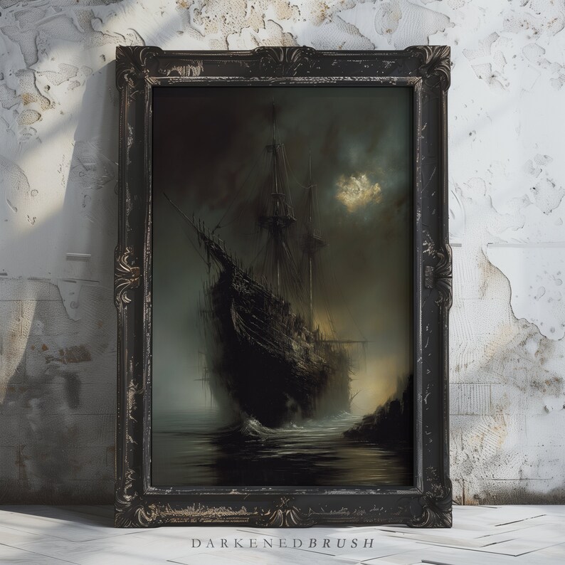 May include: A framed painting of a dark, ominous ship sailing through a foggy sea under a cloudy sky. The ship is silhouetted against the light of the moon, which is partially obscured by clouds. The painting has a dark and mysterious feel.