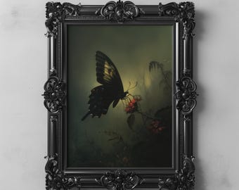 Gothic Butterfly Art Painting, Dark Floral Botanical Decor, Moody Nature Landscape Moth Insect Wall Print
