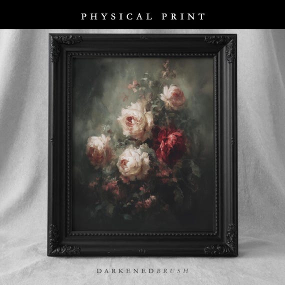 Rose Floral Wall Art, Moody Botanical Painting, Dark Academia Decor, Gothic Physical Archival Print 863