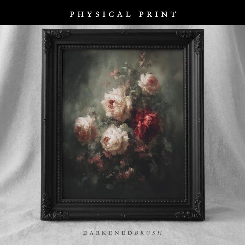 Rose Floral Wall Art, Moody Botanical Painting, Dark Academia Decor, Gothic Physical Archival Print 863