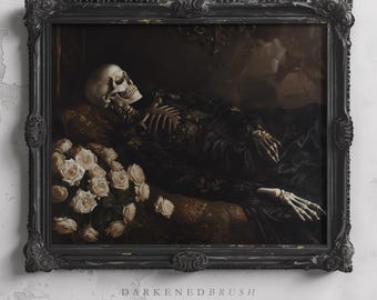 May include: A framed painting of a skeleton wearing a black dress and lying on a gold couch with white roses. The painting is in a dark, ornate frame with the text "Darkened Brush" below the frame.