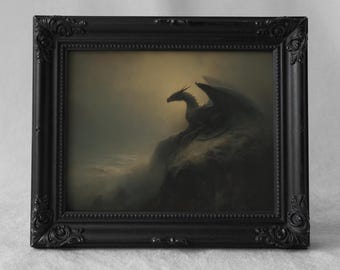 Dunkler Fantasy-Drache ruht auf Klippe in der Dämmerung, Gothic Fantasy Kunst, schwermütige dunkle Wand-Dekor, verzauberte Landschaft druckbare 633