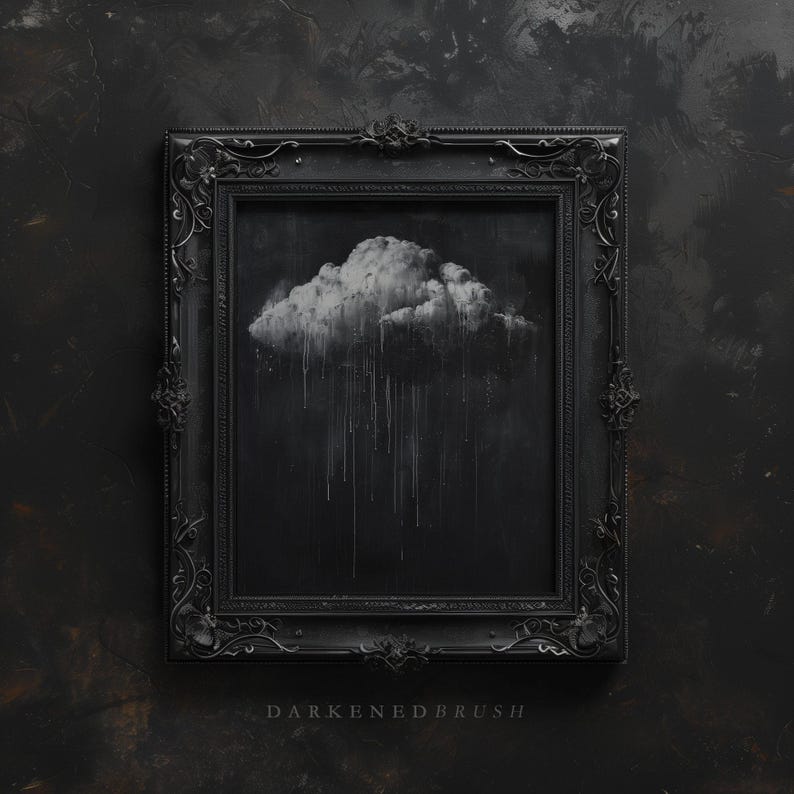 Moody Rain Cloud Art Print, Minimalist Raining Dark Academia Painting ...