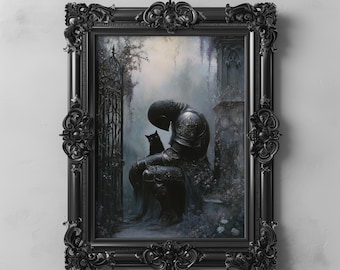 Gothic Knight Art Print with Black Cat Dark Academia Wall Art, Melancholy Dark Fantasy Decor, Digital Victorian Gothic Botanical Garden Art