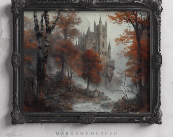 Gothic Castle Autumn Forest Print Fantasy Castle Wall Art Fall Landscape Painting Gothic Decor Printable Vintage Halloween Autumn Art Decor