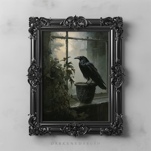 Crow Raven Art Print Dark Cottagecore Moody Gothic Painting, Witchy Wall Art, Printable Vintage Crow Decor, Dark Academia Decor Bird Art