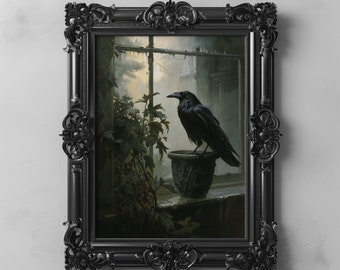 Crow Raven Art Print Dark Cottagecore Moody Gothic Painting, Witchy Wall Art, Printable Vintage Crow Decor, Dark Academia Decor Bird Art