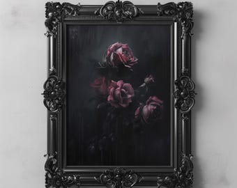 Gothic Floral Art Printable, Dark Botanical Roses, Moody Vintage Flower Painting, Dark Cottagecore Academia Decor, Witchy Macabre Home Decor