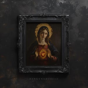 May include: A framed painting of a woman in a blue robe holding a glowing heart. The painting is in a dark, ornate frame.
