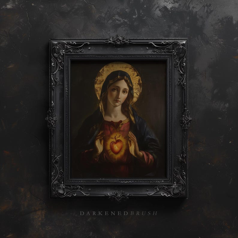 May include: A framed painting of a woman in a blue robe holding a glowing heart. The painting is in a dark, ornate frame.