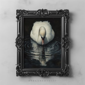 Majestätische Schwan-Reflexionskunst, elegante weiße Schwan-Digital-Kunst, Waldstill-Teich-minimalistische Fantasie-Natur-Dekor-druckbare Wandkunst