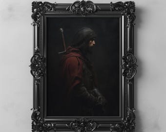 Dark Fantasy Medieval Knight in Red Cloak Wall Art, Dark Gothic Knight Medieval Decor, Sword Bearer Art, Dark Academia Digital Printable