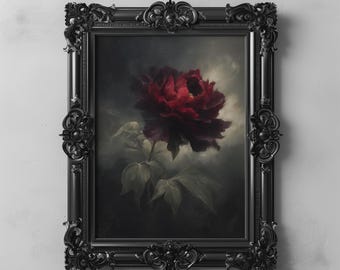 Dark Red Peony Wall Art, Gothic Floral Printable, Victorian Flower Decor, Moody Digital Art, Vintage Romantic Dark Academia Botanical Print