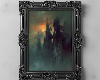 Dark Academia Gothic Cathedral Printable, Dark Oil Painting, Gothic Haunted Dracula Castle Art, Dark Moody Art, Victorian Goth Wall Decor
