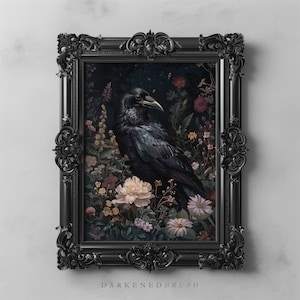 May include: A black raven perched in a dark floral arrangement with a black ornate frame. The raven has a dark blue-black plumage and is surrounded by flowers in shades of pink, white, and purple.