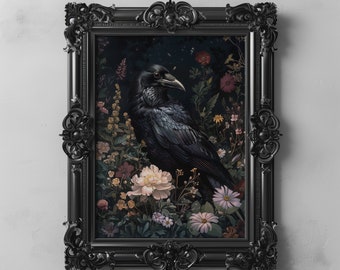 Dark Floral Gothic Raven Art Printable, Dark Academia Crow Art, Dark Botanical Cottagecore Oil Painting, Forestcore Printable Dark Bird Art