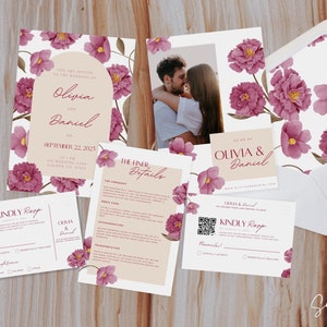 Elegant Wedding Invitation Template, Printable Wedding Invite, Pink Wildflowers, Wedding RSVP Card, Wedding Details Card, Envelope Liner