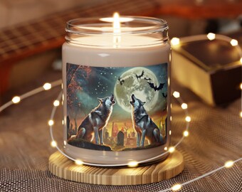 Halloween Candle Wolves Howling at Moon Gift Home Decor Scented Soy Candle, 9oz