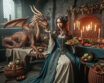 Princess and Dragon Download 10500x5250px, Castle Fantasy Poster Ready to print and frame