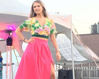 Hot Pink Cotton Maxi Skirt: High Slit, Box Pleats, Pockets