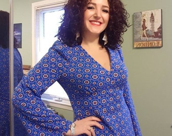 Dilly Daisy Blue Retro Printed Maxi Dress with Long Bell Sleeves