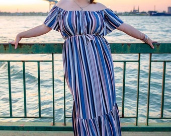 Dilly Daisy Boho Style Over-The-Shoulder Stripes Maxi Vacation Dress with Ruffles - Plus Size