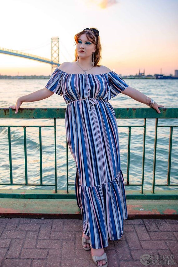 off the shoulder striped maxi dress Striped Off-Shoulder Ruffled Maxi Dress