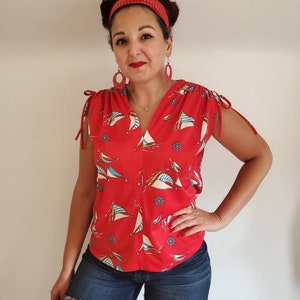 Dilly Daisy Red Nautical Sailboat and Anchor Print Blouse