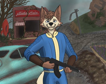 Könnte beinhalten: Ein pelziger Fuchscharakter, der einen blauen Overall mit gelbem Streifen trägt und eine schwarze Waffe hält. Der Charakter steht vor einem blauen Auto und einem Gebäude mit einem Schild, auf dem "Nuka Cola" steht.