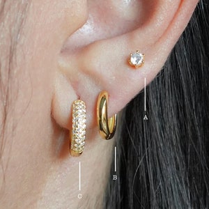 Juego de tres aros gruesos con pavé, juego de pendientes de oro, pendientes de circonita cúbica con diamantes, regalo para mamá, regalo de cumpleaños para mejor amiga, día de la madre