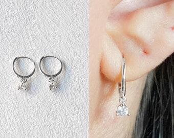 Diamond Drop Earrings, Crystal Silver Huggie Earrings, Dangle Earrings, Bridal Earrings, Wedding Earrings, Gift for Her, Best Friend Gift