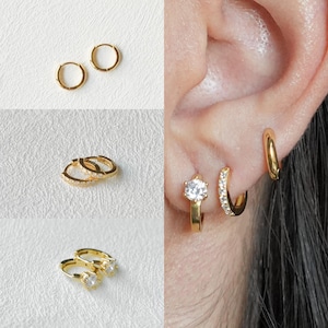Huggie Hoop Earrings Set of Three, Small Hoop Earrings, Diamond Earrings Set, Gold Huggies, Gift for Her, Birthday Gift, Bridesmaid Gift