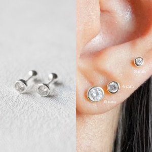 Puces d'oreilles avec lunette diamant, Puces d'oreilles serti clos, Boucles d'oreilles diamant, 3 mm 4 mm 5 mm, Puces d'oreilles, cadeau pour elle, cadeau d'anniversaire, coffret cadeau